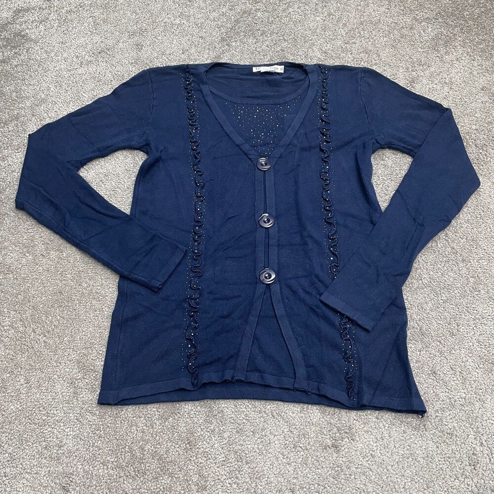 T-C Fashion Studded Cardigan Sweater Womens XL Navy Blue Button Down Casual Knit